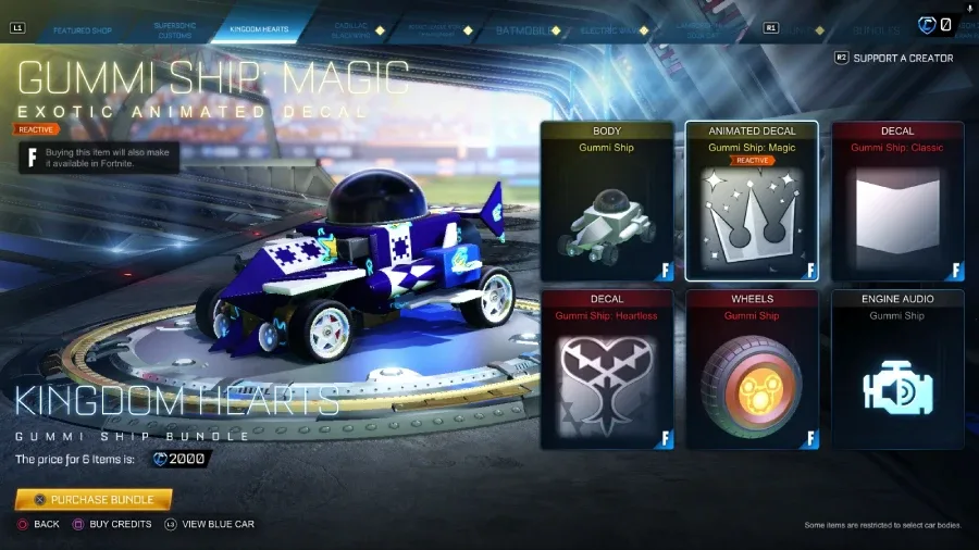 The Rocket League screenshot features the Gummi Ship as part of the Kingdom Hearts bundle in the item shop during the collaboration event — with the Magic decal.