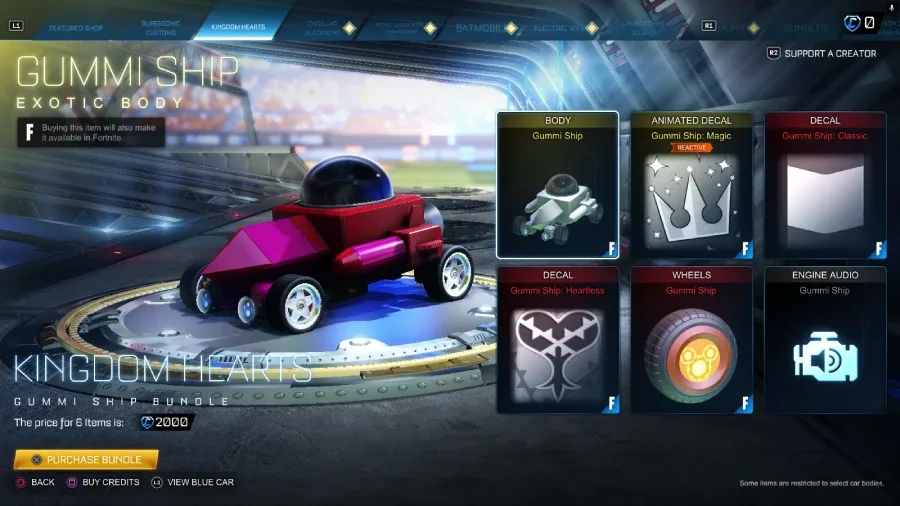 The Rocket League screenshot features the Gummi Ship as part of the Kingdom Hearts bundle in the item shop during the collaboration event.