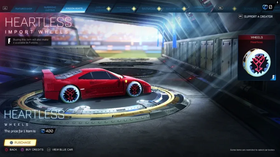 The Rocket League screenshot features the Heartless wheels on the Ferrari F40 — it’s an offer in the game’s item shop.