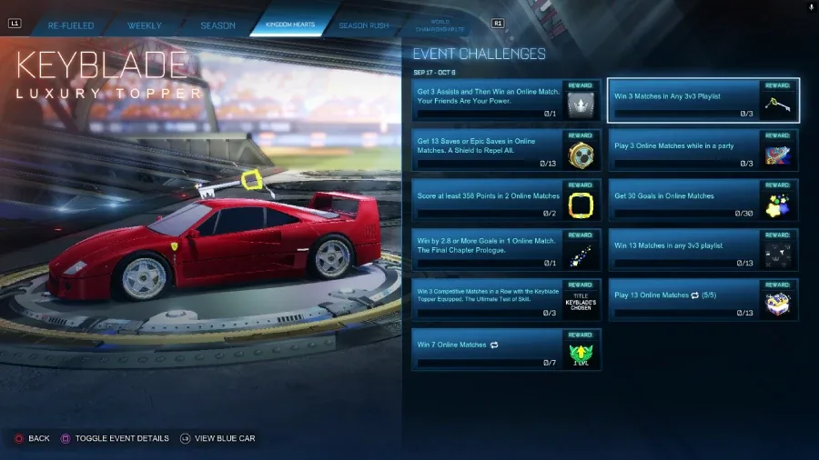 The Rocket League screenshot features the Heartless Keyblade topper — a free reward from the Kingdom Hearts collaboration challenges.