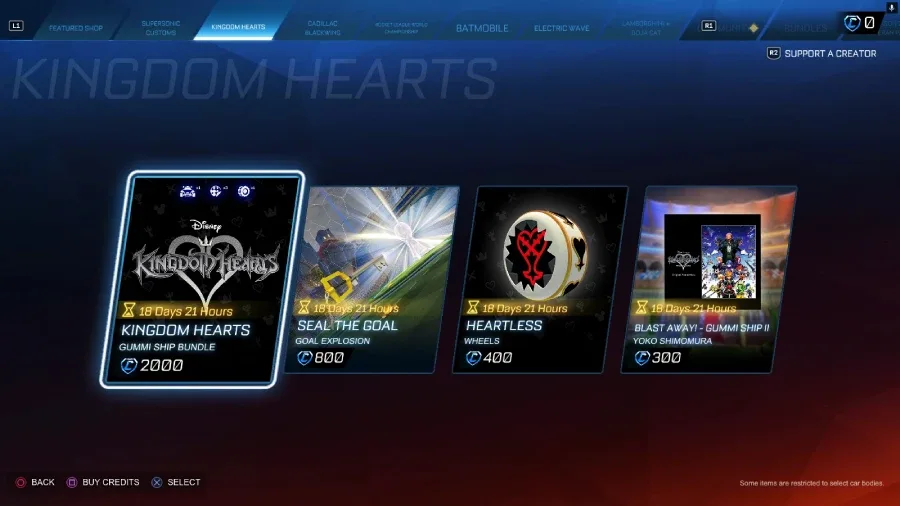 The Rocket League screenshot features item shop offers during the Kingdom Hearts collaboration event.