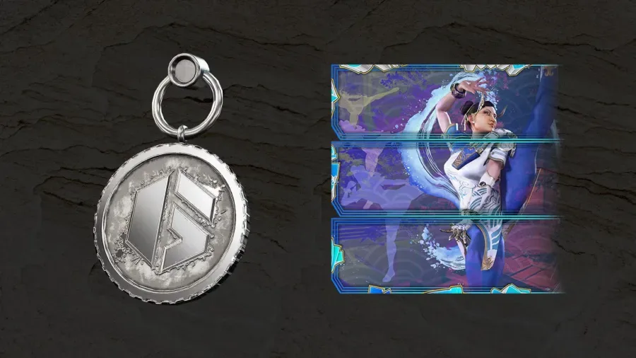 The official promo image shows the Apex Legends Twitch Drop and Discord Quest reward during the Street Fighter 6 collaboration event: Insert Coin Here weapon charm and Kung Fu Coach tracker set.