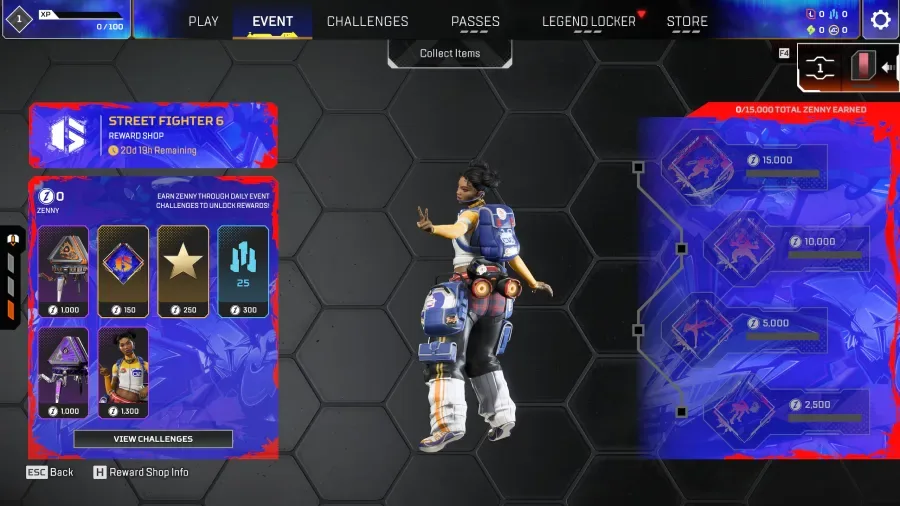 The official promo image shows the Apex Legends Reward Shop during the Street Fighter 6 collaboration event — featuring the Lifeline x Li-Fen epic skin.