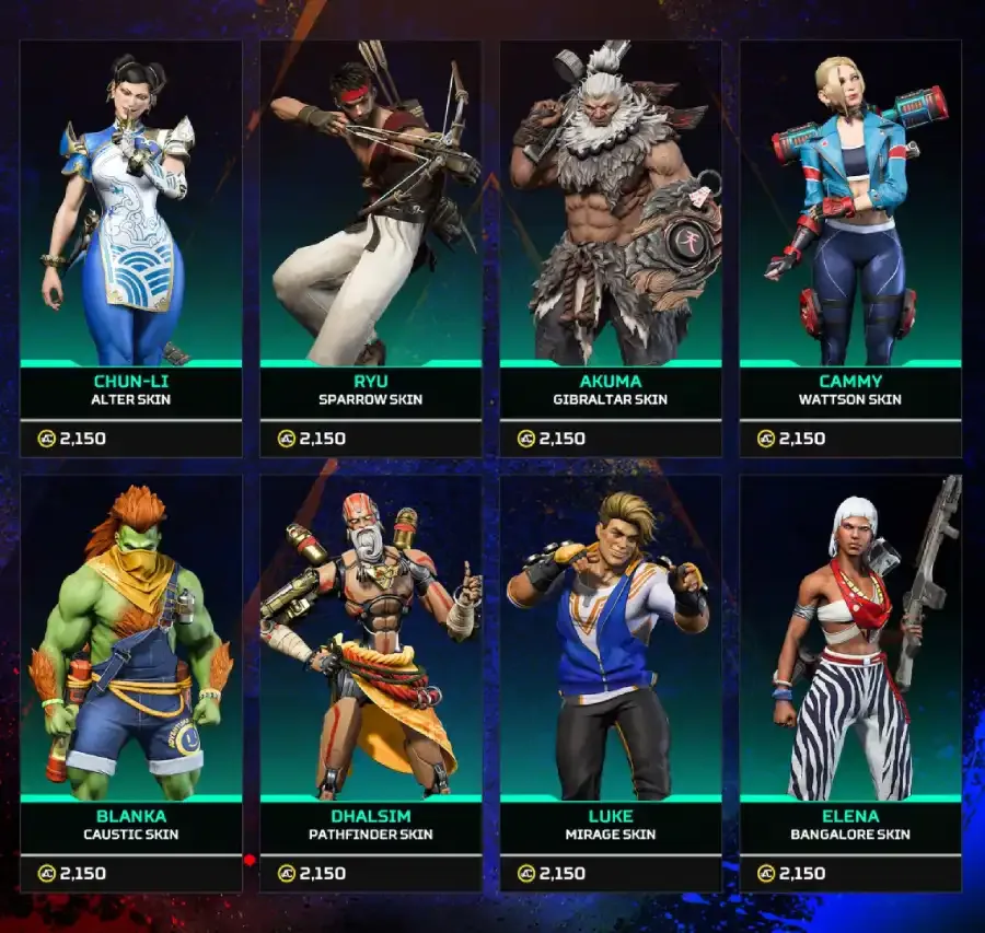 The image reveals all Street Fighter 6 characters featured in the Apex Legends crossover.