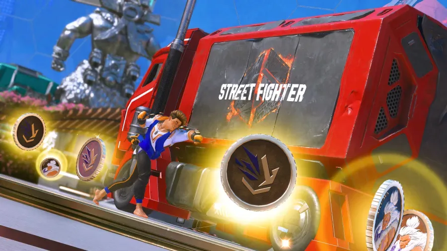 The image reveals the special tokens to collect in Apex Legends Wildcard matches during the SF6 collaboration event — to transform the legend into one of four Street Fighter 6 characters.