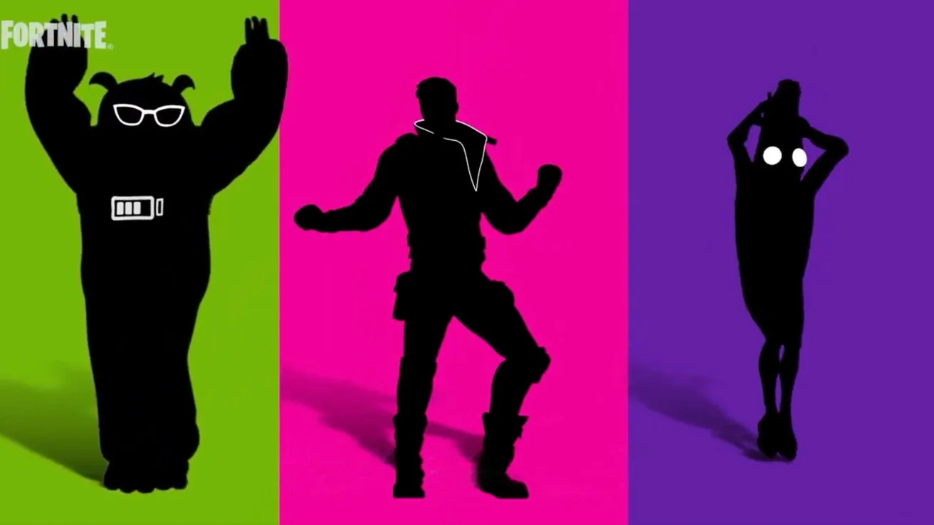 Three Fortnite character silhouettes dancing, each on a bright colored background: green bear suit with glasses, pink field with action pose, and purple field with slim figure holding its head