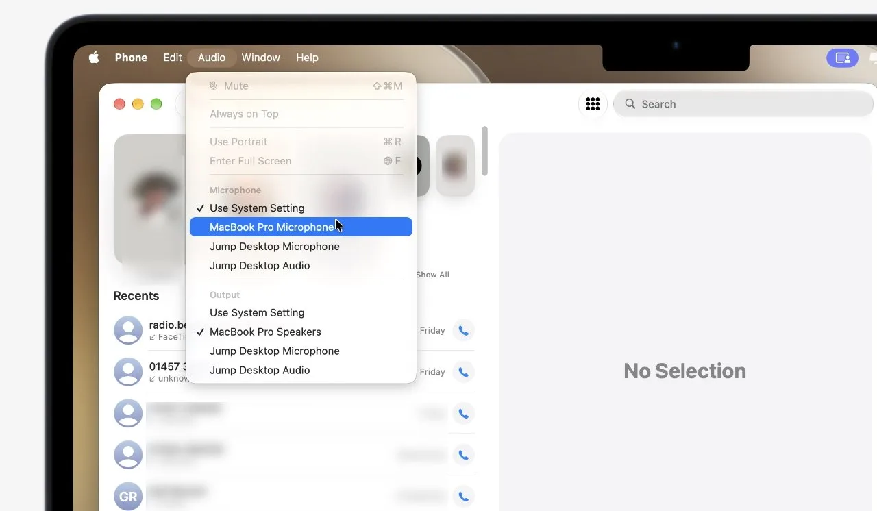 Mac computer screen showing FaceTime call interface, with a dropdown menu open to select audio input devices like MacBook Pro microphone and external speakers, and a contacts list on the left