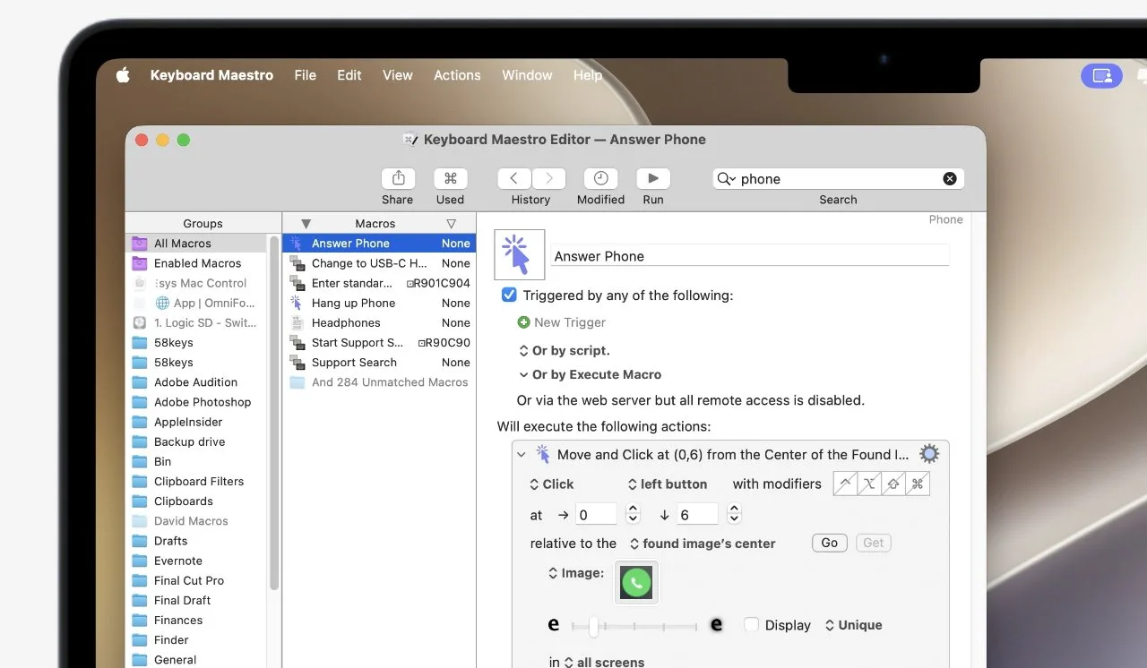 MacBook screen showing Keyboard Maestro Editor window with a macro named Answer Phone selected, displaying macro triggers and actions, against a blurred beige desktop background