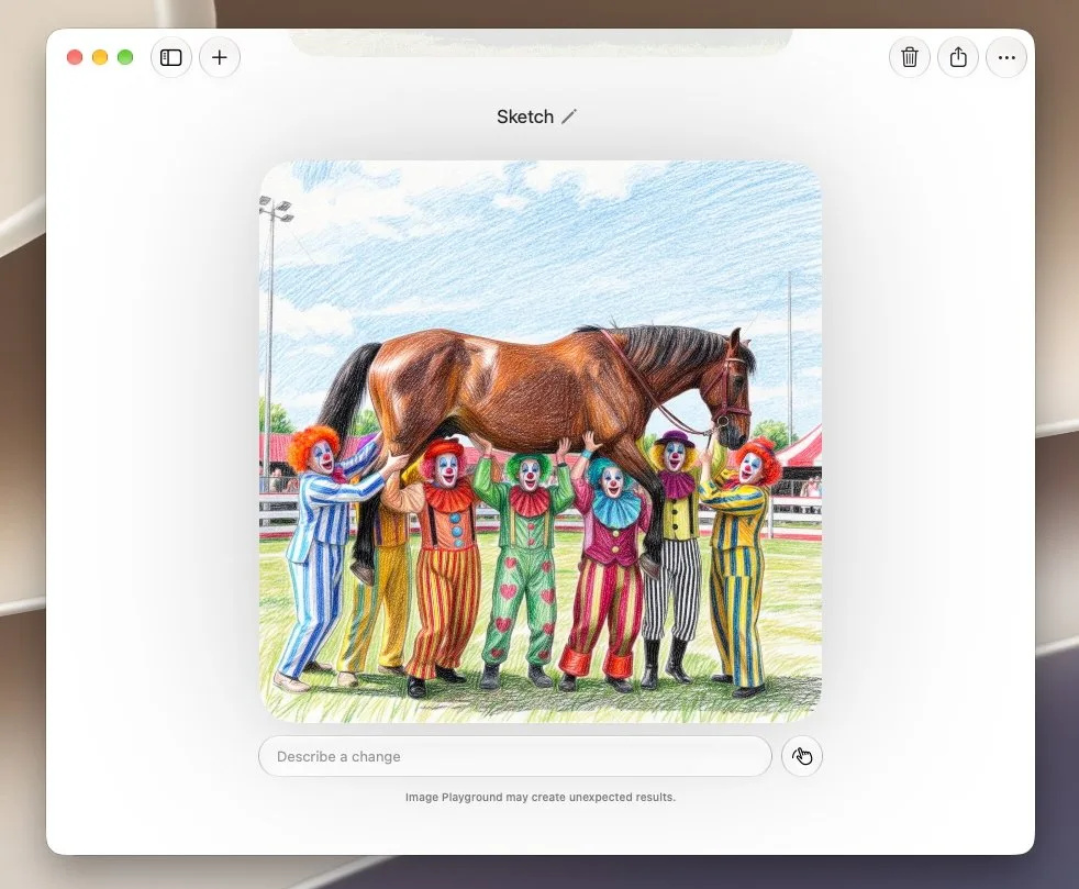 Colorful clowns in striped costumes stand in a row at a circus, cheerfully holding a large brown horse horizontally above their heads like a playful, surreal performance act