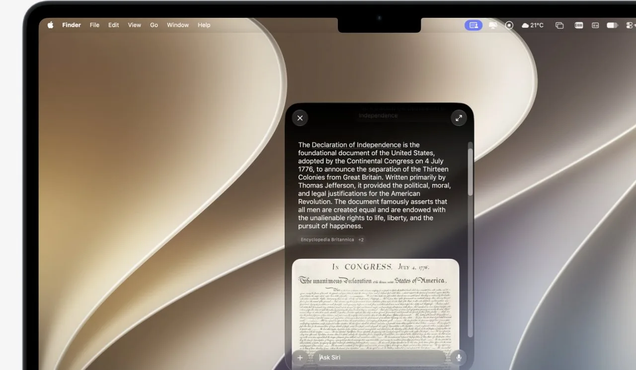Laptop screen displaying a soft abstract wallpaper and an open app reading and magnifying the Declaration of Independence document in a centered floating window beneath the front camera notch