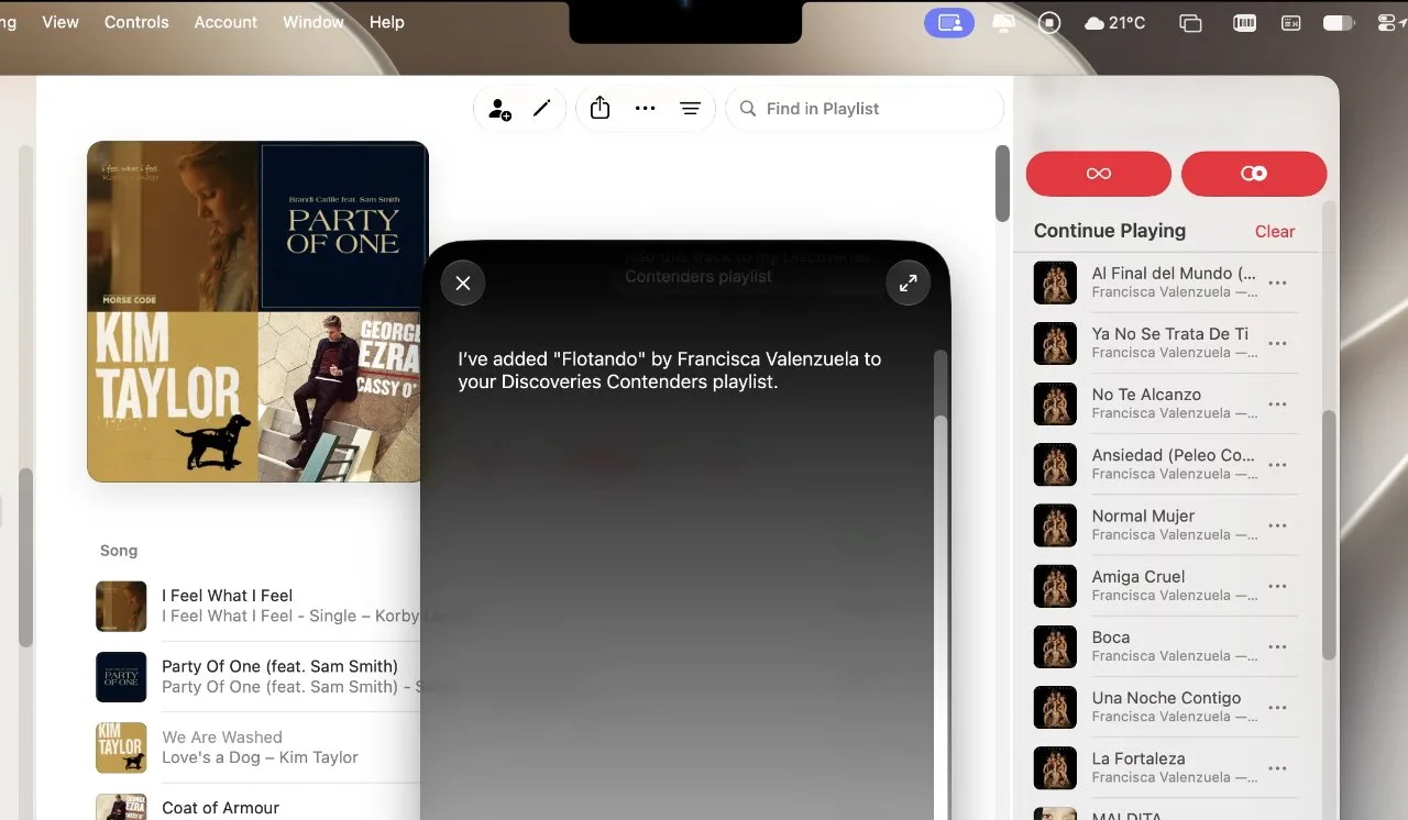 Computer music app interface showing playlists and album covers, a notification about adding a song to a playlist in the center, and a right sidebar listing songs in the current queue