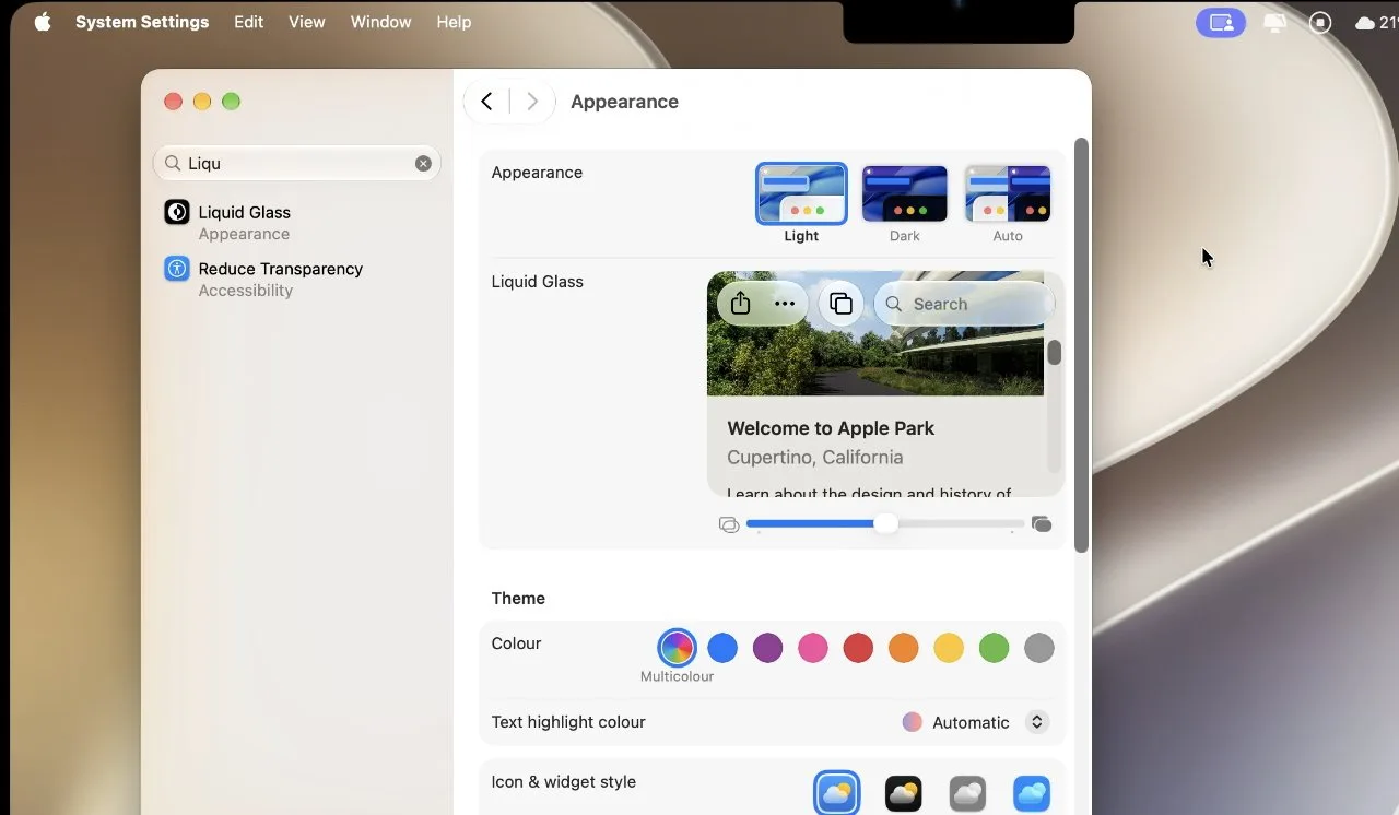 Mac desktop showing System Settings Appearance panel with Liquid Glass selected, theme preview cards on top, color options below, and sidebar listing options like Liqud Glass and Reduce Transparency