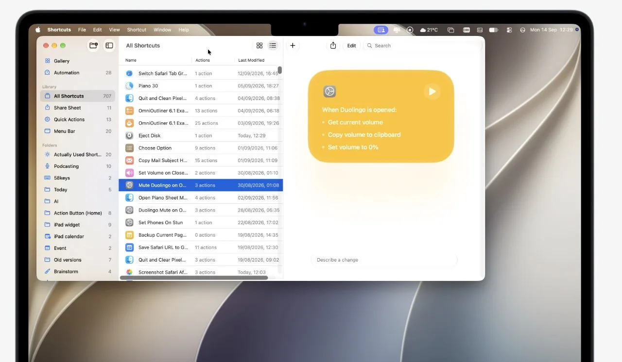 Laptop screen showing a macOS Finder window with a list of folders and files on the left and a selected shortcut highlighted in a yellow panel on the right