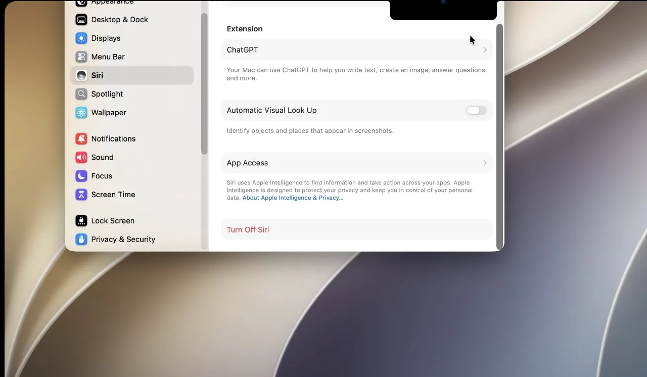 Mac settings window open to Siri preferences, showing ChatGPT extension options and toggles, on a desktop with a smooth beige and gray abstract curved background