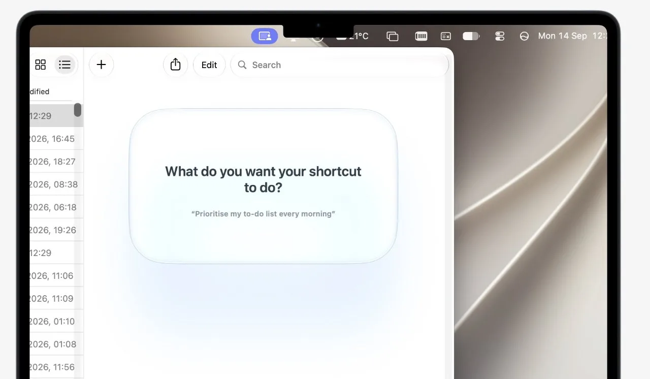 Tablet screen showing a shortcuts app with a centered card asking what you want your shortcut to do, sidebar list on the left, and blurred abstract wallpaper on the right