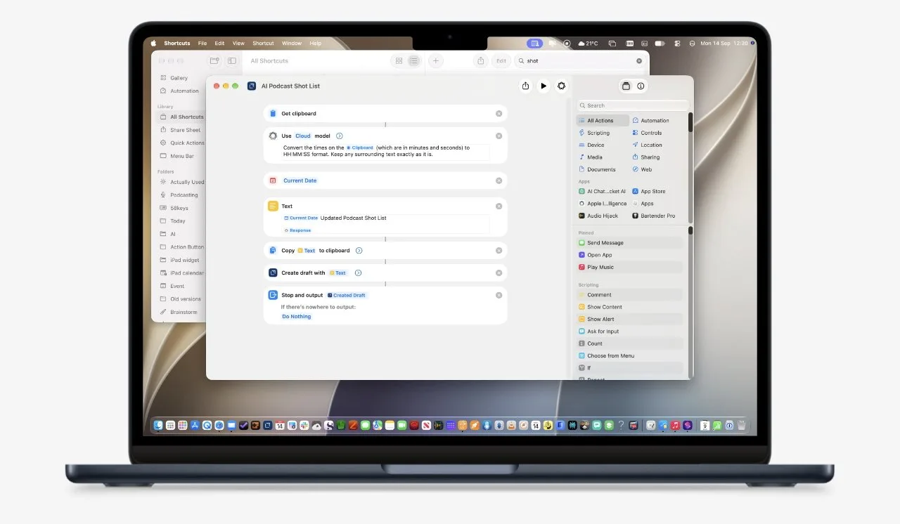 Open laptop displaying macOS desktop with multiple overlapping windows, including a settings or automation workflow panel and a sidebar of folders, dock visible along bottom of the screen