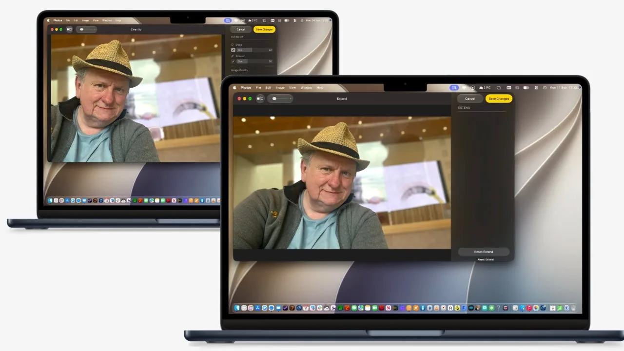 Two open laptops display the same webcam photo of a smiling person in a hat, with macOS interface elements visible, suggesting photo editing or sharing on both screens
