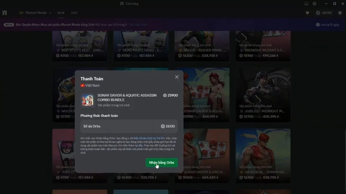 purchasing a Marvel Rivals skin using Discord orbs