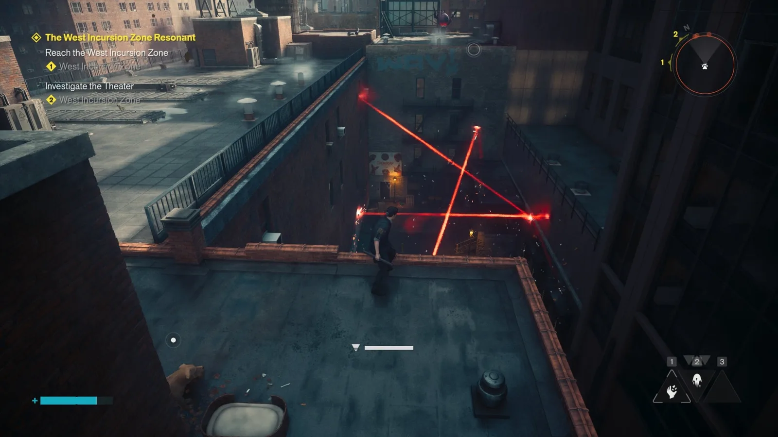 The lasers in an alleyway in Central by the pet sign in Control Resonant