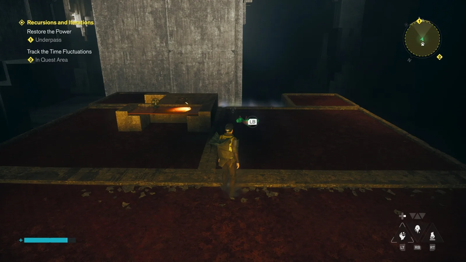 Dylan holds the Mysterious Dog toy at the edge of a platform in Control Resonant