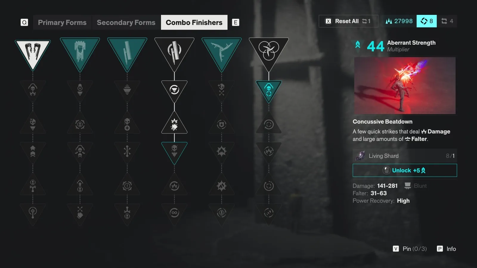 The Combo Finisher menu for Concussive Beatdown in Control Resonant