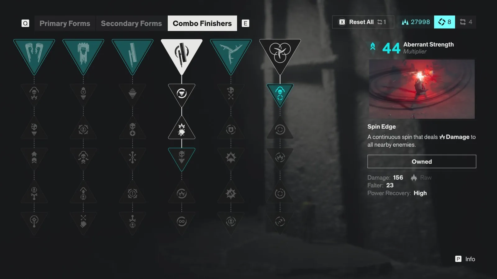 The Combo Finisher menu for Spin Edge in Control Resonant