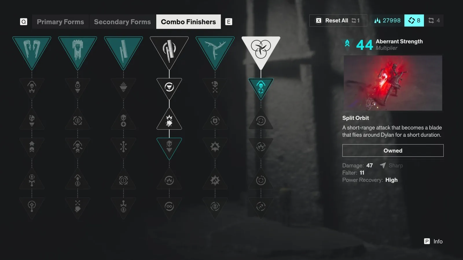 The Combo Finisher menu for Split Orbit in Control Resonant