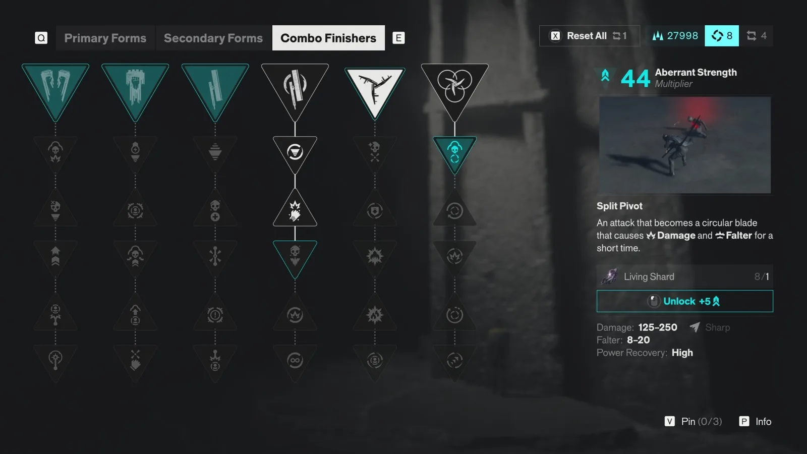 The Combo Finisher menu for Split Pivot in Control Resonant