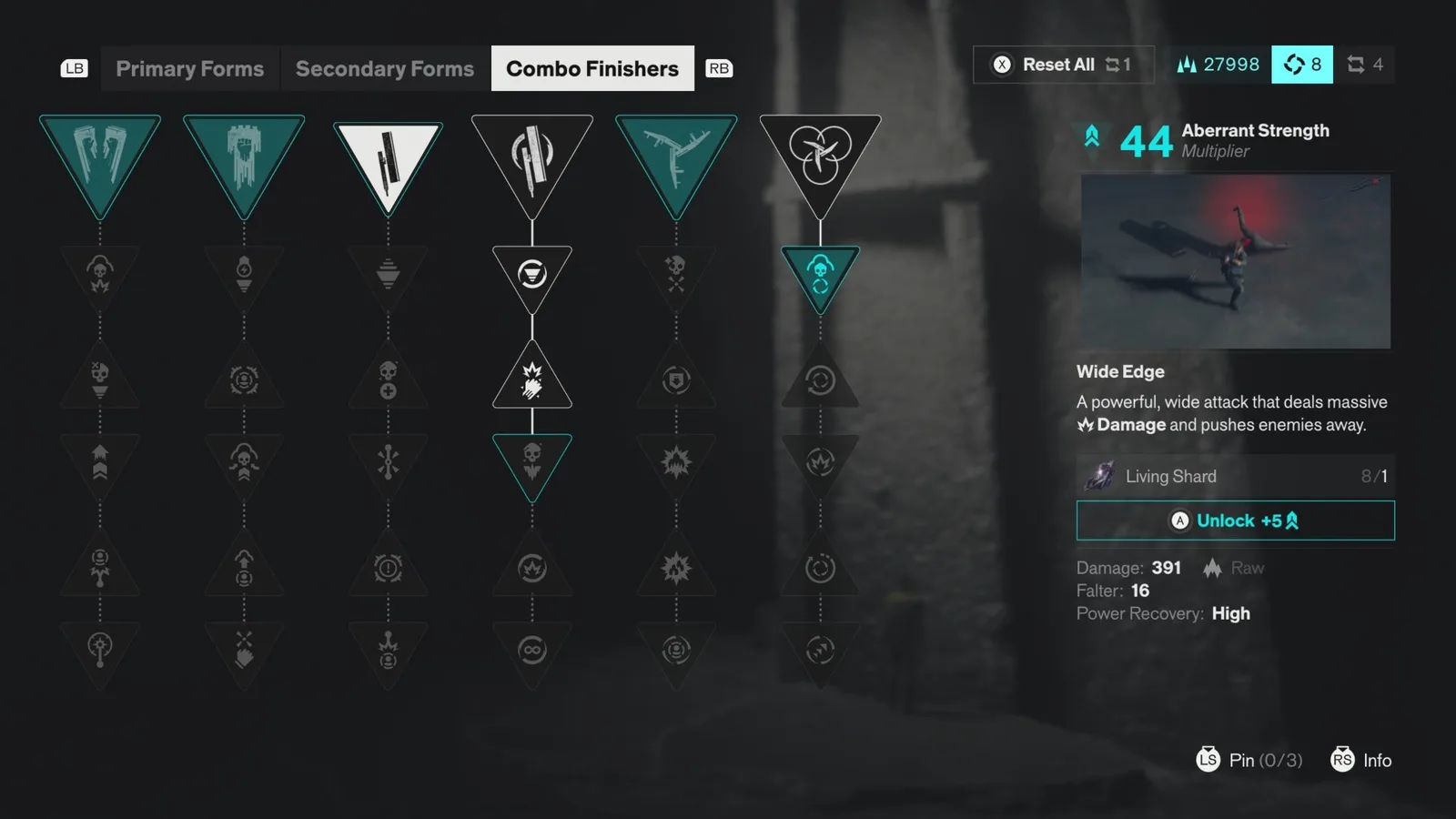 The Combo Finisher menu for Wide Edge in Control Resonant