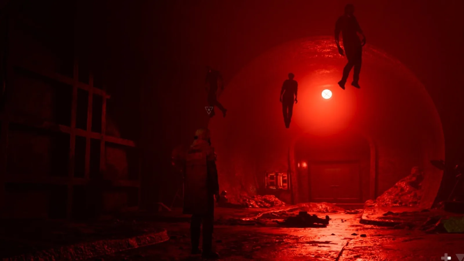 A screenshot from Control Resonant, showing Dylan surrounded by floating Hiss.
