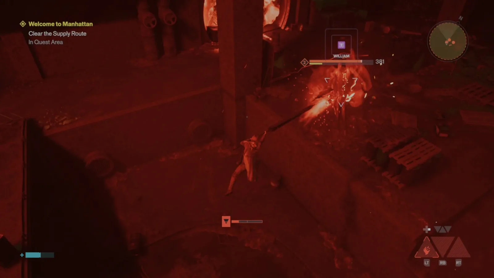 A screenshot from Control Resonant, showing Dylan fighting the William mini boss in the sewers.