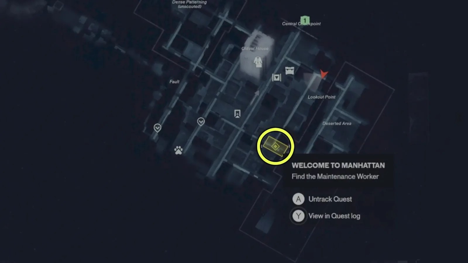 A screenshot of Control Resonant's map, showing the location of the Maintenance Worker's last known location.