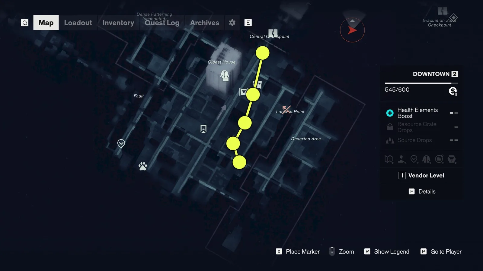 An annotated map, showing the path of Power Cores you need to activate to activate the Central outpost elevators.