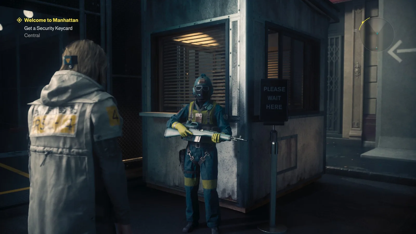 A screenshot from Control Resonant, showing Dylan talking to the gate guards at the Field Office.