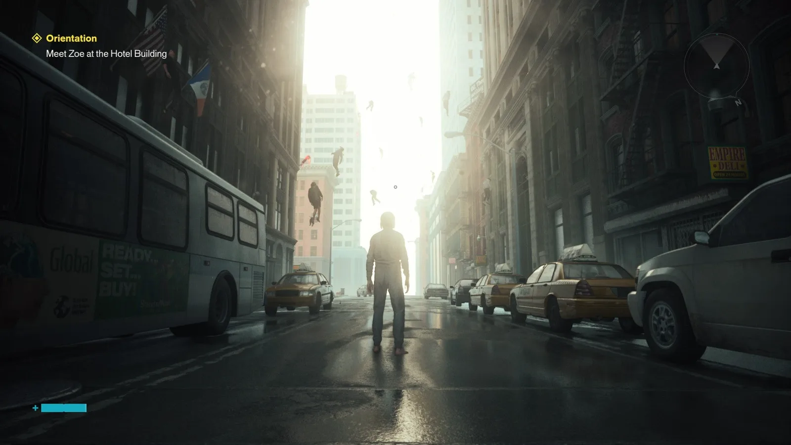 A screenshot from Control Resonant, showing Dylan standing in a street infested with Hiss.
