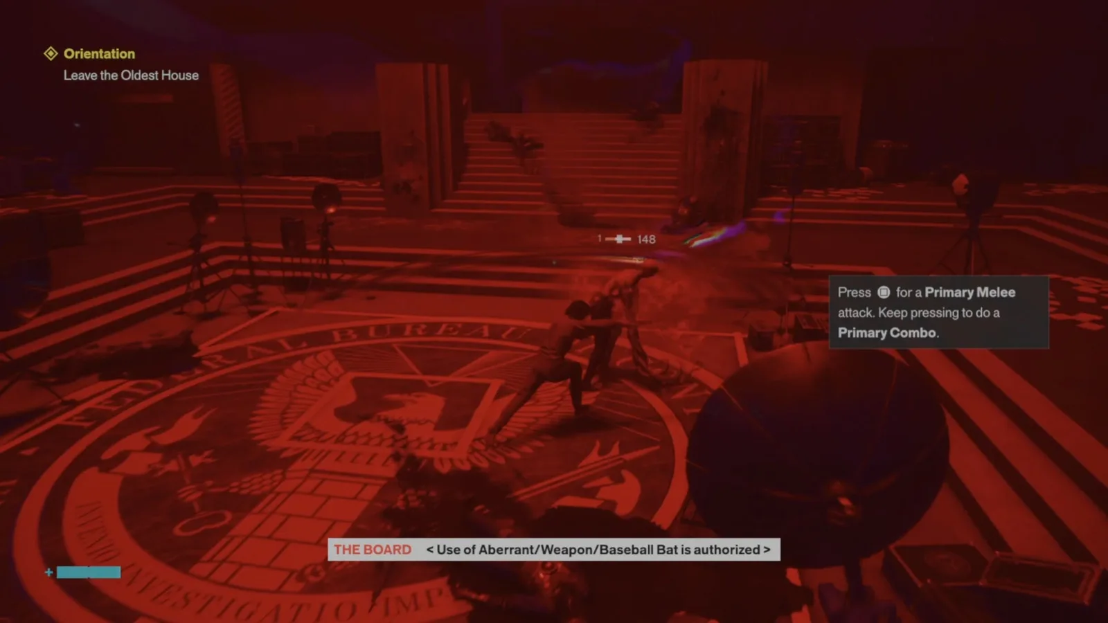 A screenshot from Control Resonant, showing the first fight with the Hiss.
