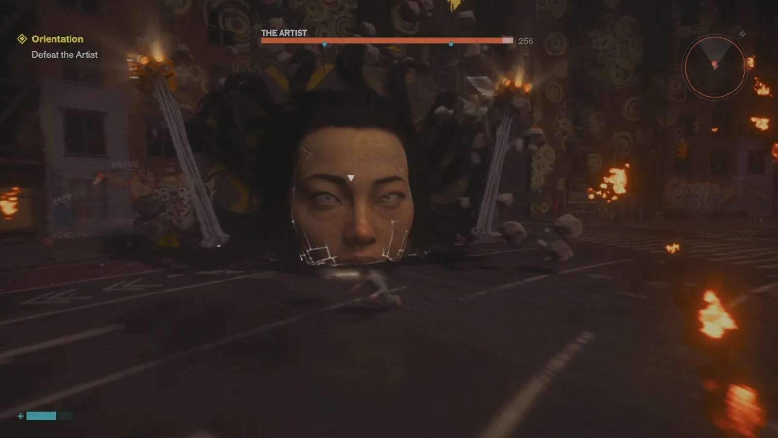 A screenshot from Control Resonant, showing the Artist's lamp swing attack.