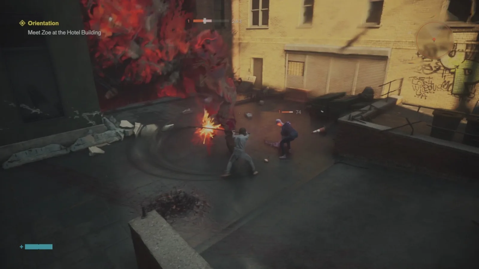 A screenshot from Control Resonant, showing the loading bay fight where you unlock your second weapon form.