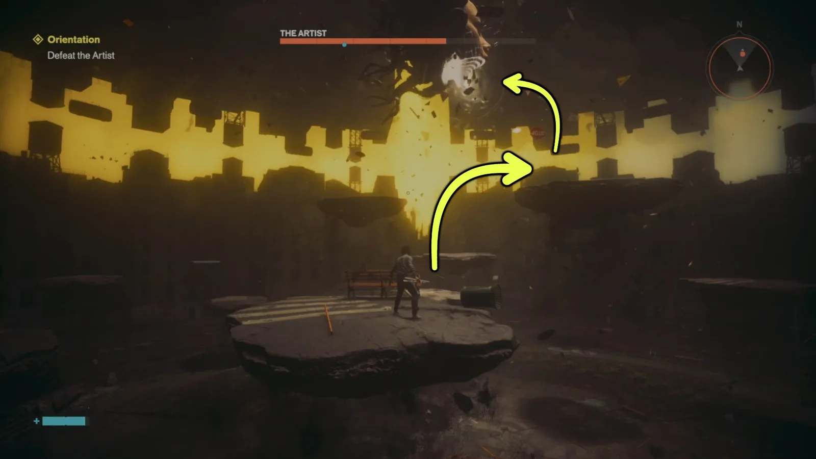 A screenshot from Control Resonant, showing how to attack the Artist during its sky attack.