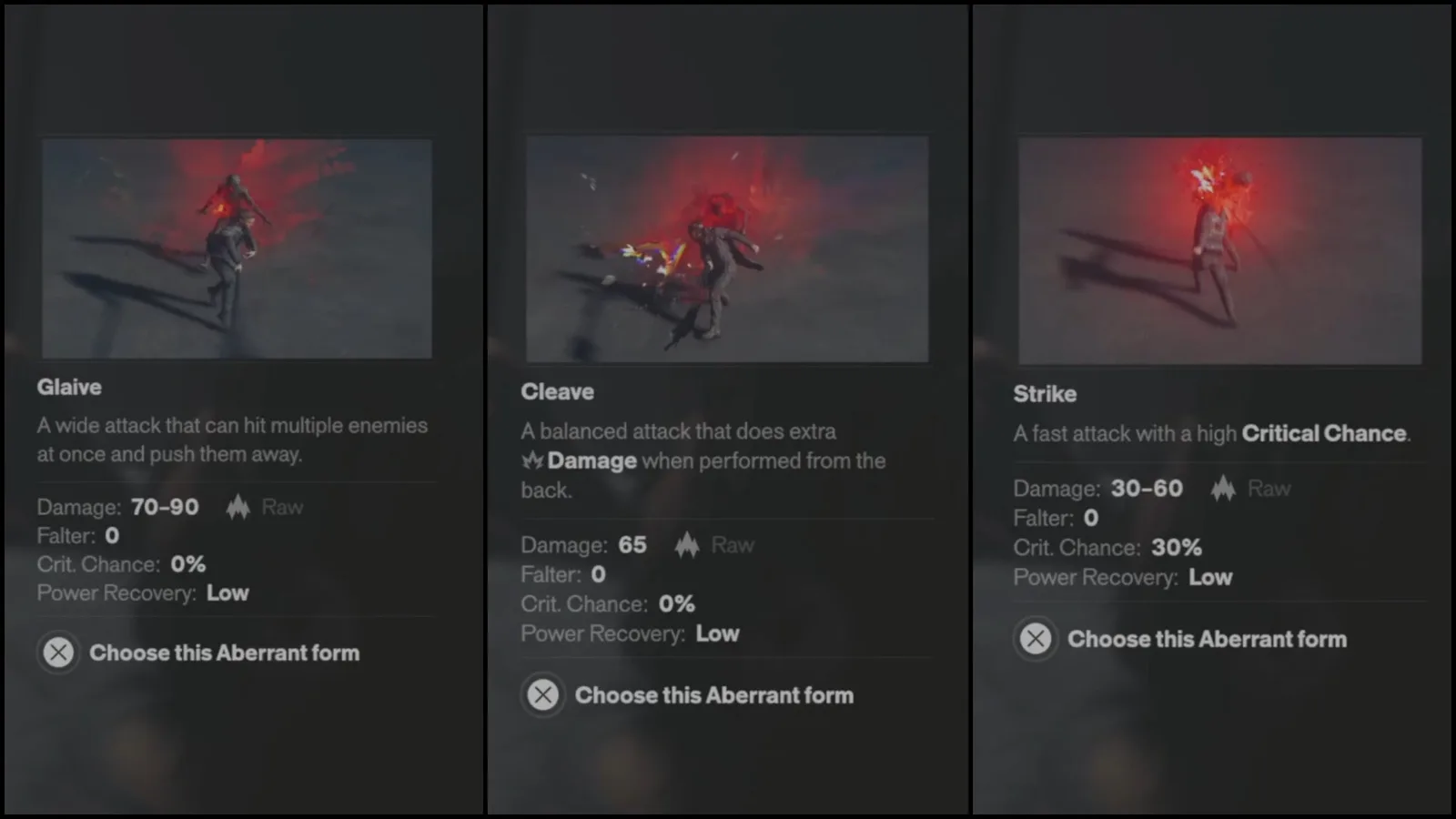 A collage of screenshots from Control Resonant, showing each of the primary abberant weapon forms.