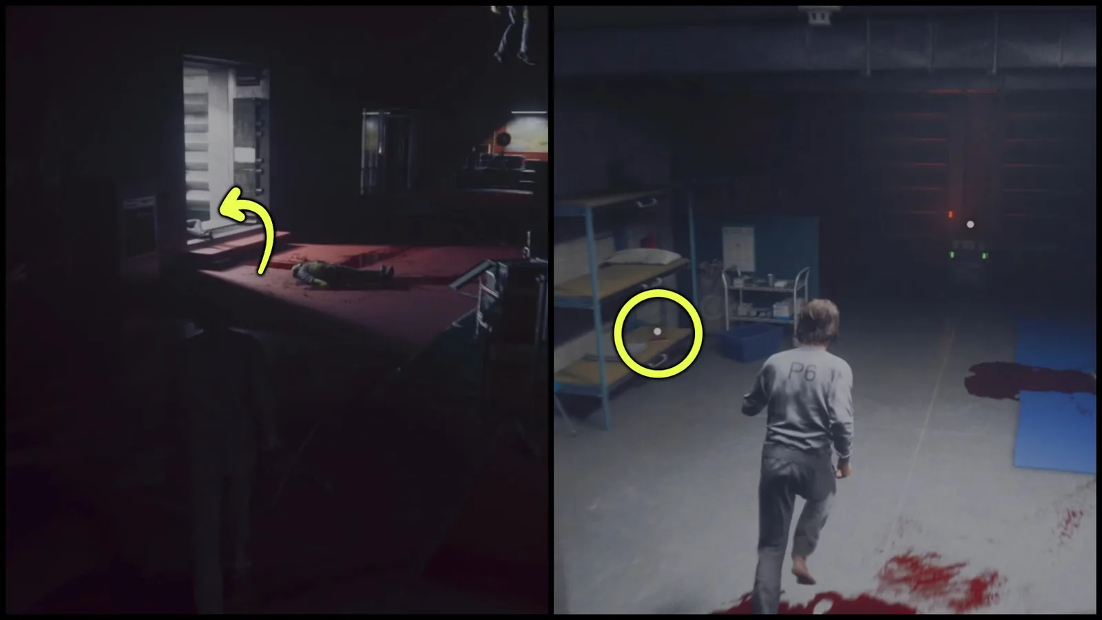 Two screenshots from Control Resonant, showing the location of the Guard Note collectible.
