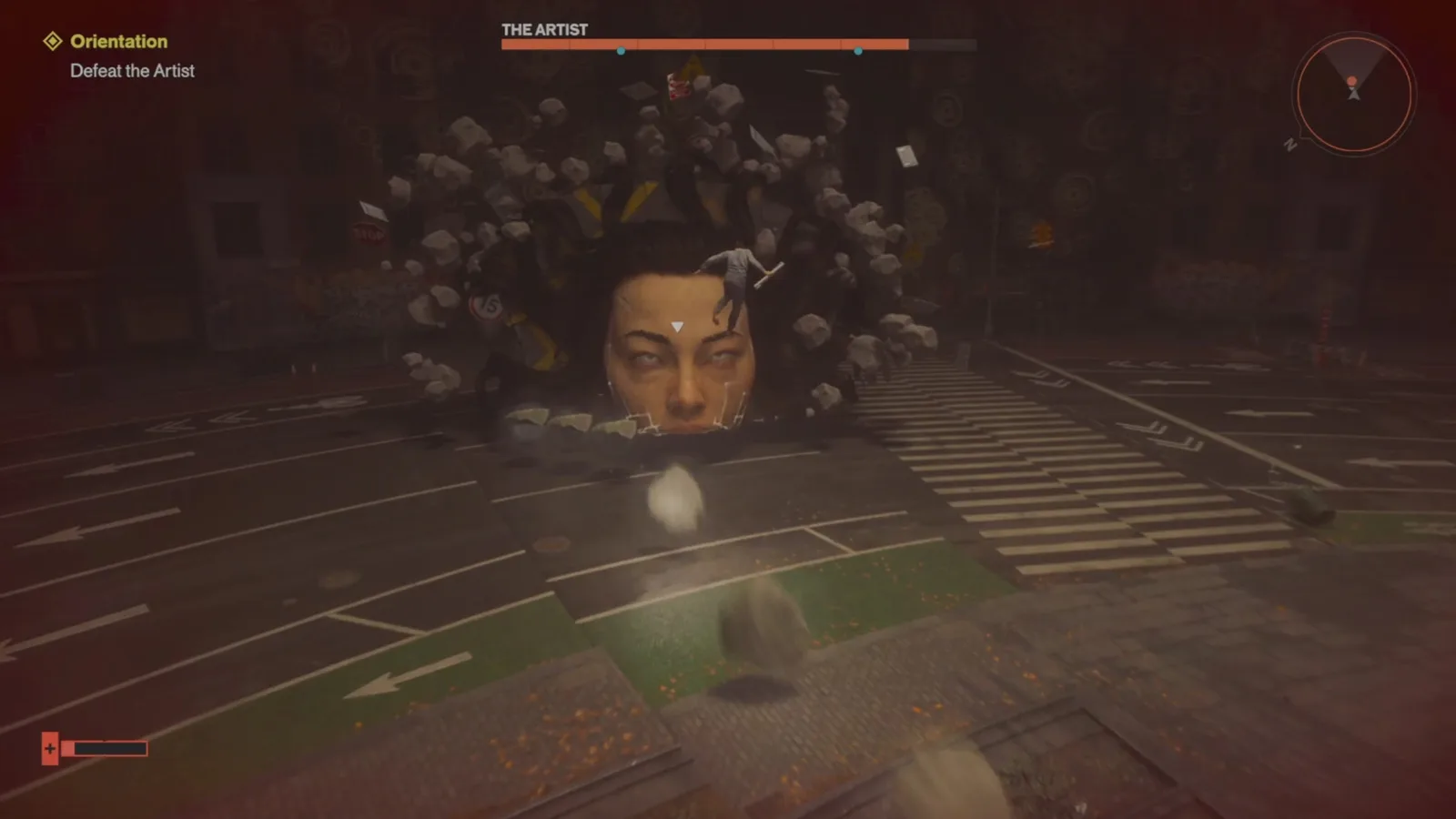 A screenshot from Control Resonant, showing Dylan flying over the Artist's rock projectiles.