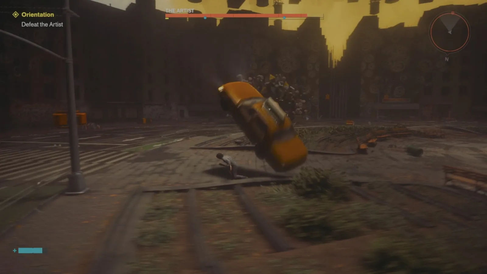 A screenshot from Control Resonant, showing Dylan dodging the Artist boss' car projectiles.