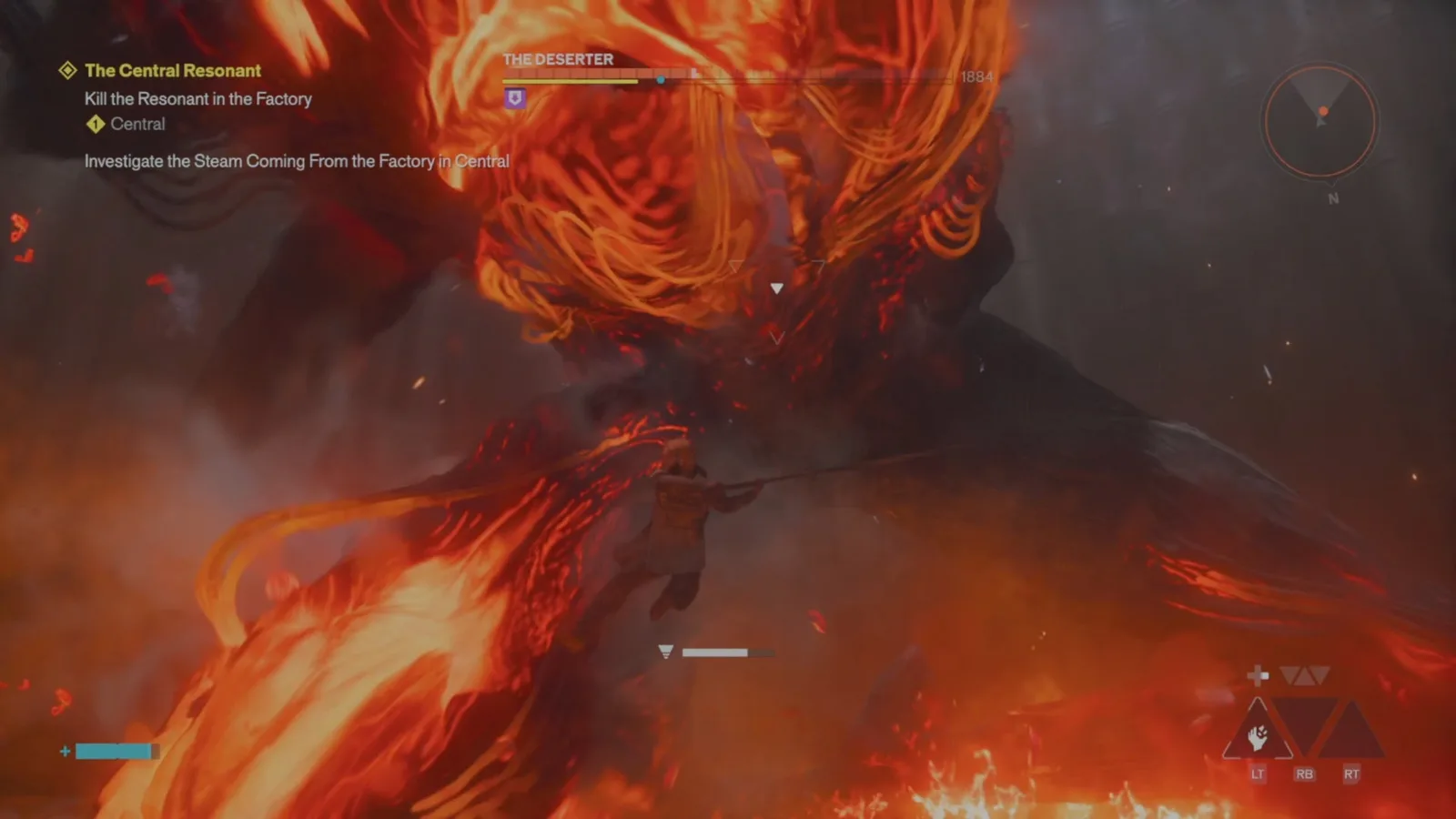 A screenshot from Control Resonant's Central Resonant mission, showing Dylan attack the Deserter's knees in his boss fight.