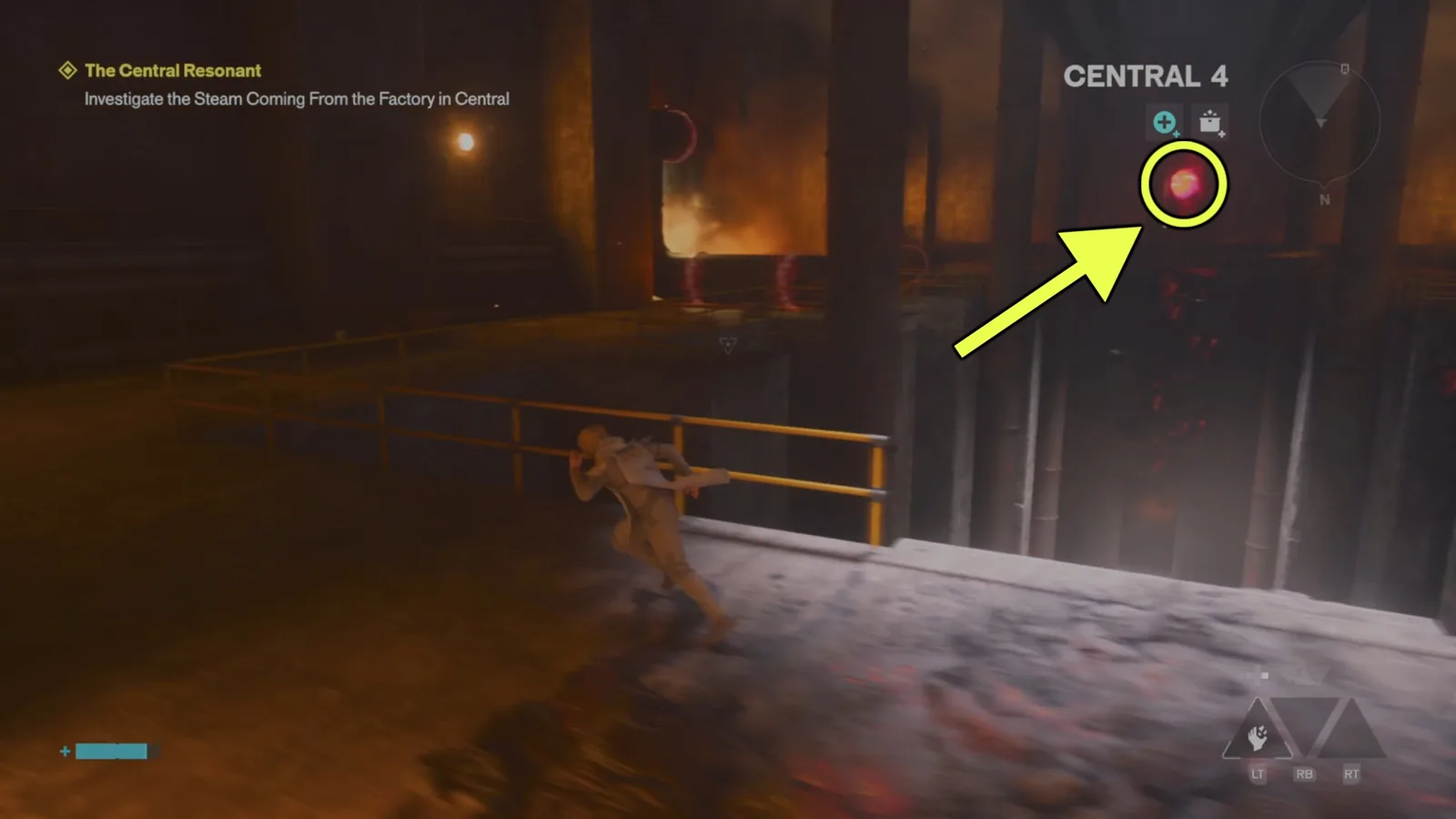 A screenshot from Control Resonant's Central Resonant mission, showing the location of the first lava glob.