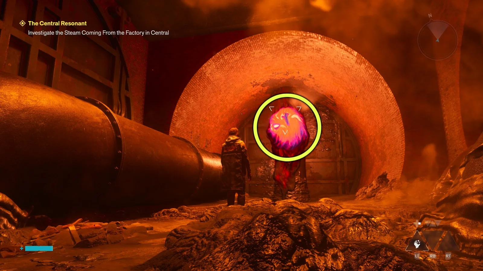 A screenshot from Control Resonant's Central Resonant mission, highlighting the location of the second lava glob.