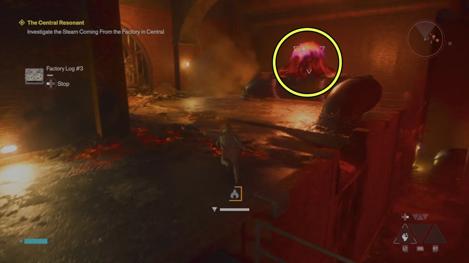 A screenshot from Control Resonant's Central Resonant mission, showing the location of the third lava glob.
