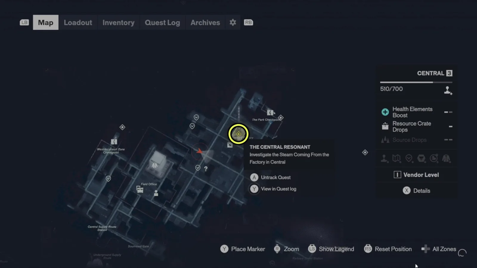 A screenshot from Control Resonant's Central Resonant mission, showing the map location of the Central Resonant.