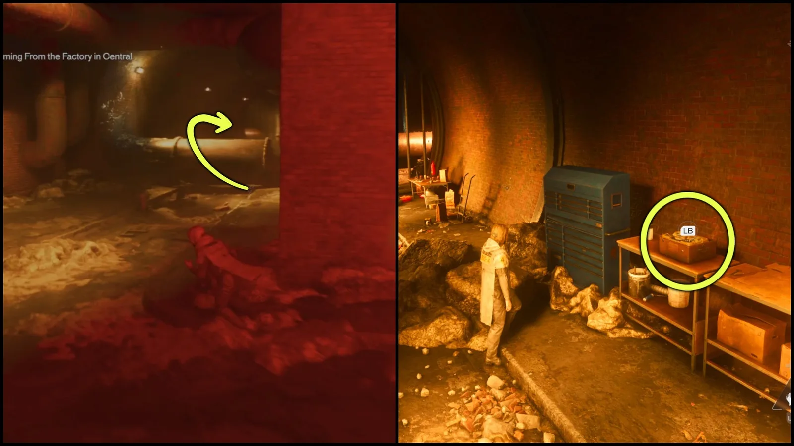 A collage of screenshots from Control Resonant's Central Resonant mission, showing the entrance to the area where you find factory log 2.