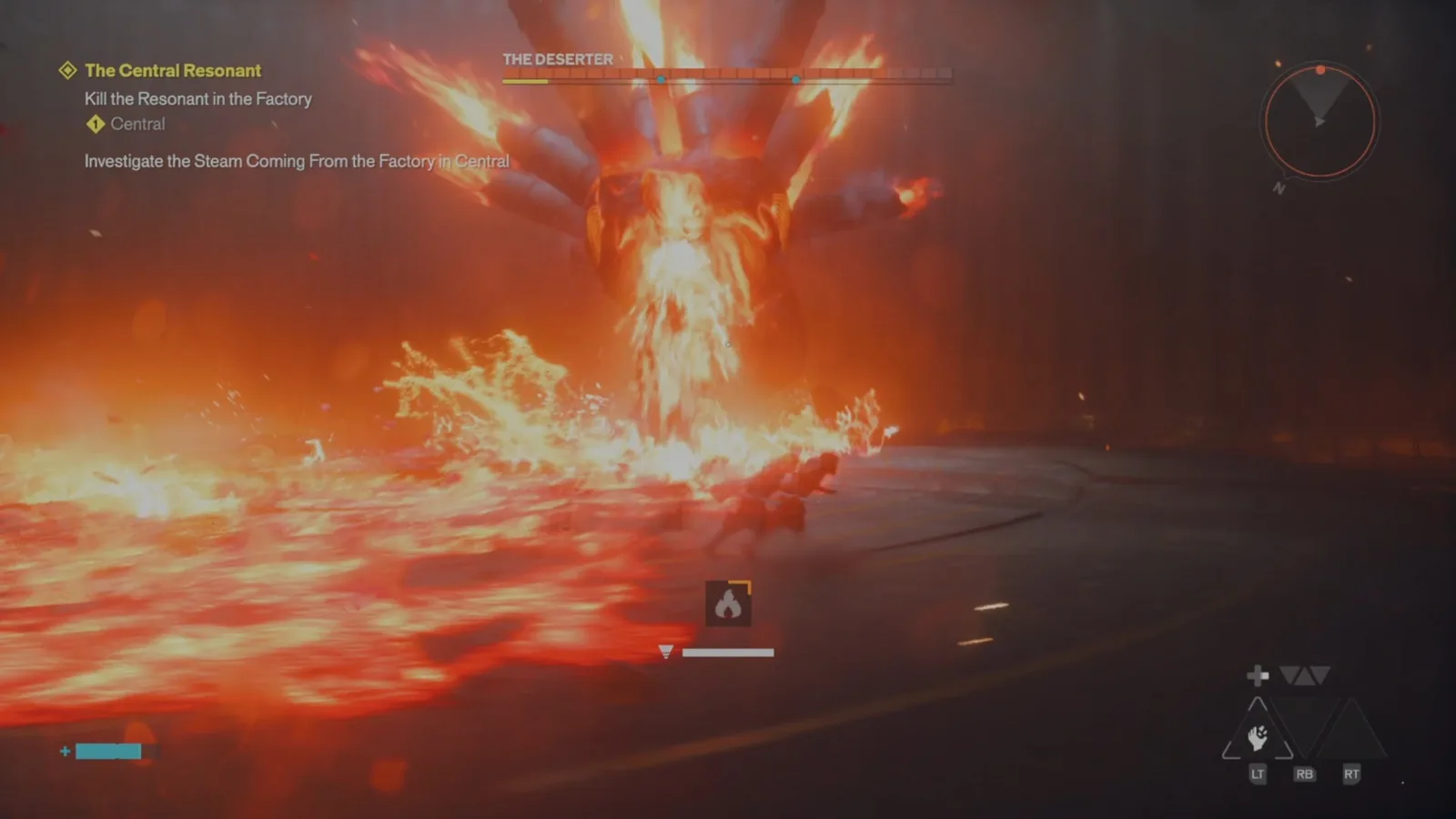 A screenshot from Control Resonant's Central Resonant mission, showing the deserter's spew attack.